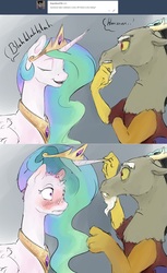 Size: 1280x2092 | Tagged: safe, artist:silfoe, discord, princess celestia, alicorn, draconequus, pony, royal sketchbook, g4, bald, blushing, dialogue, embarrassed, female, horn, horn extensions, jewelry, mare, peytral, regalia, small horn, surprised, this will end in tears and/or a journey to the moon, this will end in tears and/or death, wig