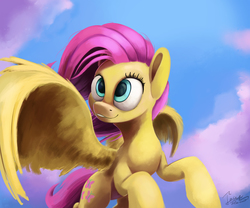 Size: 1900x1578 | Tagged: safe, artist:insanerobocat, fluttershy, pegasus, pony, g4, cloud, female, flying, mare, outdoors, signature, sky, smiling, solo, spread wings, turned head, wings