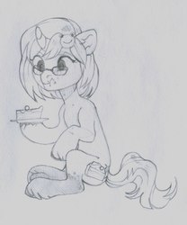 Size: 1157x1391 | Tagged: safe, artist:share dast, oc, oc only, oc:dungeon toaster, pony, unicorn, cake, female, food, mare, monochrome, pencil drawing, sketch, solo, traditional art