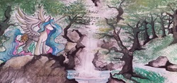 Size: 2964x1396 | Tagged: dead source, safe, artist:lunar-white-wolf, princess celestia, alicorn, pony, g4, eyes closed, female, forest, grass, lake, mare, missing accessory, rock, scenery, smiling, solo, traditional art, tree, water, waterfall