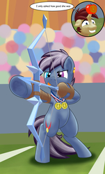 Size: 3600x5952 | Tagged: safe, artist:bbqninja501st, oc, oc only, oc:gold medal, earth pony, pony, unicorn, absurd resolution, apple, archery, bipedal, food, heterochromia, horn, horn guard, horn impalement, ice arrows, medal, scared, tongue out, william tell