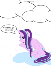 Size: 876x1239 | Tagged: safe, artist:alixnight, starlight glimmer, pony, unicorn, every little thing she does, g4, dialogue, female, rain, scene interpretation, simple background, solo, speech bubble, stormcloud, tempting fate, wet mane, wet mane starlight glimmer, white background