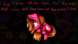 Size: 3309x1861 | Tagged: safe, artist:lixthefork, oc, oc only, oc:lix, fetal position, scared, solo, text