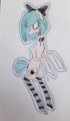 Size: 562x960 | Tagged: safe, artist:miss-racco0n, oc, oc only, oc:arachne, pony, bow, choker, clothes, gothic, key, socks, solo, striped socks, traditional art