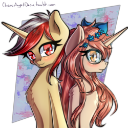 Size: 2000x2000 | Tagged: safe, artist:chaosangeldesu, oc, oc only, oc:alscenia greymane, oc:missklang, pony, unicorn, abstract background, blushing, bust, couple, female, flower, flower in hair, glasses, high res, male, portrait, straight