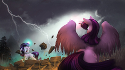 Size: 2000x1125 | Tagged: safe, artist:blackligerth, starlight glimmer, twilight sparkle, alicorn, pony, unicorn, canterlot, confrontation, female, fight, floppy ears, frown, lightning, magic, mare, rock, spread wings, telekinesis, twibutt, twilight sparkle (alicorn)