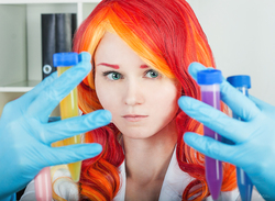 Size: 1600x1173 | Tagged: safe, artist:sunny-tooi, sunset shimmer, human, g4, clothes, cosplay, costume, gloves, irl, irl human, lab coat, photo, rubber gloves, solo, sunset the science gal, test tube