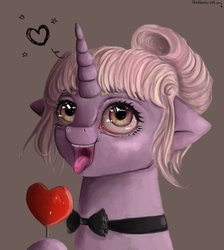 Size: 1700x1900 | Tagged: safe, artist:anuhanele, oc, oc only, pony, candy, collar, food, gray background, heart, holiday, licking, lollipop, simple background, solo, tongue out, valentine's day