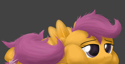 Size: 2048x1053 | Tagged: safe, artist:symbianl, scootaloo, pegasus, pony, g4, bored, female, filly, gray background, lying down, prone, simple background, solo