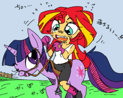 Size: 1010x800 | Tagged: artist needed, source needed, safe, sunset shimmer, twilight sparkle, pony, unicorn, equestria girls, g4, 4chan, boots, clothes, explicit source, eye contact, gloves, grass, humans riding ponies, japanese, looking at each other, open mouth, riding, saddle, shorts, sunset shimmer riding twilight, tack, tank top, unicorn twilight