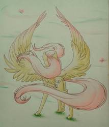 Size: 1362x1591 | Tagged: safe, artist:cloud-dash, fluttershy, pegasus, pony, g4, colored wings, female, looking away, mare, multicolored wings, raised leg, rear view, solo, spread wings, traditional art, windswept hair, windswept mane, wings