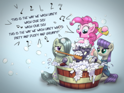 Size: 1600x1201 | Tagged: safe, artist:helmie-art, limestone pie, marble pie, maud pie, pinkie pie, earth pony, pony, g4, bath, brush, bubble bath, female, forced bathing, grumpy, pie sisters, shampoo, siblings, singing, sisters, smiling, snow white and the seven dwarfs, soap, this will end in tears and/or death, when she smiles