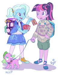 Size: 645x793 | Tagged: safe, artist:jowyb, sci-twi, spike, spike the regular dog, trixie, twilight sparkle, dog, equestria girls, g4, card, clothes, converse, cute, diatrixes, playing card, shoes, simple background, skirt, spikabetes, twiabetes, white background, younger