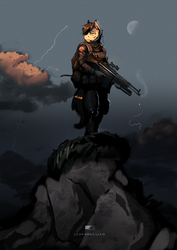 Size: 1024x1448 | Tagged: safe, artist:greenfireartist, oc, oc only, earth pony, anthro, anthro oc, blood, cloud, commission, gun, heckler and koch, male, moon, rock, serious, serious face, sky, solo, stallion, weapon