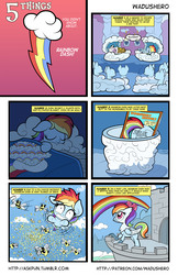 Size: 1280x1978 | Tagged: safe, artist:wadusher0, gilda, rainbow dash, bee, griffon, pony, series:five things you didn't know, g4, blanket, butt, cloud, comic, female, filly, flying, girly, griffonized, plot, rainbow, rainbow dash always dresses in style, rainbow griffon, rainbow tail, rainbutt dash, reincarnation, species swap, tail, tower, viking funeral, younger
