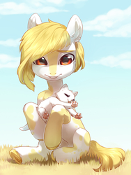 Size: 2226x2961 | Tagged: safe, artist:aphphphphp, oc, oc only, cat, earth pony, pony, commission, ear fluff, female, high res, kitten, mare, sitting, solo, underhoof, ych result