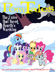 Size: 584x768 | Tagged: artist needed, safe, edit, applejack, fluttershy, pinkie pie, rainbow dash, rarity, spike, twilight sparkle, alicorn, dragon, pony, series:pony tales, g4, cover art, hearth's warming, mane six, parody, story in the comments, the unico that saved hearth's warming, twilight sparkle (alicorn), unico, veggietales