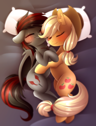 Size: 3000x3900 | Tagged: safe, artist:scarlet-spectrum, applejack, oc, bat pony, earth pony, pony, g4, bed, blushing, canon x oc, commission, cowboy hat, cuddling, cute, female, hat, high res, jackabetes, lesbian, mare, pillow, sleeping, smiling, stetson