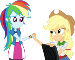 Size: 10000x7924 | Tagged: safe, artist:diegator007, applejack, rainbow dash, equestria girls, g4, my little pony equestria girls: rainbow rocks, absurd resolution, apple, block, chair, clothes, compression shorts, cowboy hat, denim skirt, duo, freckles, hat, simple background, sitting, skirt, stetson, transparent background, vector, wristband