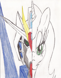Size: 1700x2172 | Tagged: safe, artist:wyren367, oc, oc only, oc:daiku, colored pencil drawing, colored sketch, crossover, gundam, gundam talos, simple background, solo, traditional art, white background