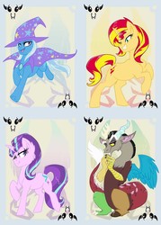 Size: 744x1038 | Tagged: safe, artist:bluekite-falls, artist:sky-railroad, discord, starlight glimmer, sunset shimmer, trixie, pony, unicorn, g4, counterparts, female, game, mare, prance card game, twilight's counterparts