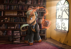 Size: 3444x2378 | Tagged: safe, artist:the-wag, oc, oc only, oc:orobas, dracony, hybrid, backlighting, book, clothes, commission, crepuscular rays, high res, horns, library, magic, solo, suit