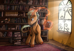 Size: 3444x2378 | Tagged: safe, artist:the-wag, oc, oc only, oc:orobas, dracony, hybrid, backlighting, book, commission, crepuscular rays, high res, horns, library, magic, solo