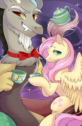 Size: 750x1150 | Tagged: safe, artist:snowillusory, discord, fluttershy, g4, bowtie, cup, fangs, tea kettle, teacup