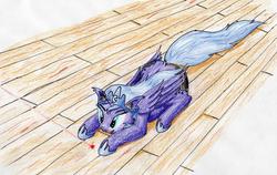 Size: 3186x2011 | Tagged: safe, artist:40kponyguy, derpibooru exclusive, princess luna, alicorn, pony, g4, behaving like a cat, both cutie marks, cross-eyed, ear fluff, female, floppy ears, high res, laser pointer, pony pet, solo, traditional art, wooden floor