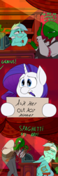 Size: 1500x4500 | Tagged: safe, artist:anontheanon, lyra heartstrings, rarity, oc, oc:anon, human, pony, comic:the dangers of dating, g4, awkward, comic, food, heart eyes, high res, meat, meatball, pasta, sign, spaghetti, wingding eyes