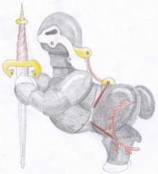 Size: 1636x1800 | Tagged: safe, artist:malte279, oc, oc only, oc:magnus, pony, armor, fantasy class, knight, pen and paper rpg, shutty, simple background, solo, sword, traditional art, warrior, weapon