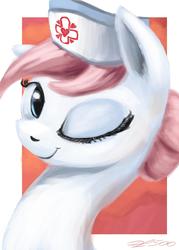 Size: 1280x1792 | Tagged: safe, artist:desertfox500, nurse redheart, pony, g4, 30 minute art challenge, bust, female, one eye closed, smiling, solo, wink