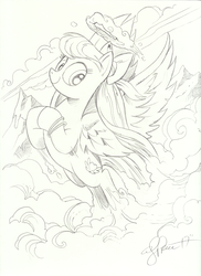 Size: 3637x5000 | Tagged: safe, artist:andy price, angel wings, pegasus, pony, g4, absurd resolution, babscon 2017, bow, female, flying, hair bow, lineart, looking at you, mare, monochrome, mountain, pencil drawing, scanned, solo, spread wings, too big for derpibooru, traditional art, wings