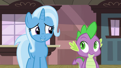 Size: 1280x720 | Tagged: safe, screencap, spike, trixie, dragon, pony, unicorn, all bottled up, g4, cute, diatrixes, female, mare