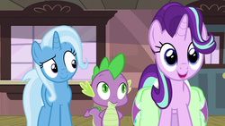 Size: 1280x720 | Tagged: safe, screencap, spike, starlight glimmer, trixie, dragon, pony, unicorn, all bottled up, g4, cute, female, glimmerbetes, mare, the amazing trio of friendship