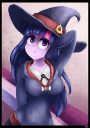 Size: 1691x2406 | Tagged: safe, artist:ohiekhe, twilight sparkle, equestria girls, g4, anime, clothes, crossover, dress, female, hat, little witch academia, solo, sucy manbavaran, witch, witch hat