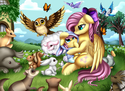 Size: 3509x2550 | Tagged: safe, artist:pridark, fluttershy, oc, pony, g4, alternate hairstyle, animal, baby, baby pony, bow, clothes, commission, cute, fluttershy's cottage, grass, hair bow, high res, holding, hoodie, mother and son, offspring, parent:fluttershy, shyabetes, sitting
