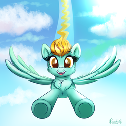 Size: 1000x1000 | Tagged: safe, artist:confetticakez, lightning dust, pegasus, pony, g4, chest fluff, cute, dustabetes, female, flying, incoming hug, looking at you, mare, open mouth, sky, solo, speed trail, spread wings, wings
