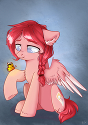 Size: 1221x1734 | Tagged: safe, artist:kaylemi, oc, oc only, butterfly, pegasus, pony, amputee, blind, braid, chest fluff, female, mare, missing limb, scar, sitting, solo, stump
