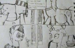 Size: 2783x1812 | Tagged: safe, artist:someguy458, part of a set, oc, oc only, oc:midnight coda, oc:red ruby balloon, pony, unicorn, comic:inflation duel, air inflation, belly, belly inflation, bow, clothes, comic, exclamation point, glasses, hose, hose bulges, inflation, jewelry, levitation, magic, mentos, meter, monochrome, necklace, part of a series, pump, scarf, speech, telekinesis, traditional art, vest