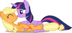 Size: 2410x1107 | Tagged: safe, artist:zacatron94, applejack, twilight sparkle, alicorn, earth pony, pony, g4, boop, cuddling, female, lesbian, mare, noseboop, ship:twijack, shipping, simple background, transparent background, twilight sparkle (alicorn)