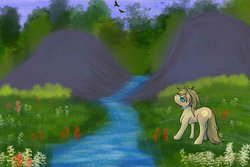 Size: 1024x683 | Tagged: safe, artist:schoky91, oc, oc only, oc:dawnsong, earth pony, pony, collar, female, flower, glasses, mare, outdoors, river, scenery, ych result