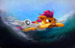 Size: 2000x1300 | Tagged: safe, artist:xbi, scootaloo, pony, g4, female, flying, frog (hoof), jet engine, jetpack, ocean, scenery, scootaloo can fly, solo, underhoof