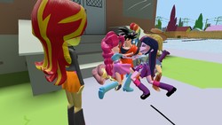 Size: 1280x720 | Tagged: safe, artist:shinxboy, applejack, fluttershy, pinkie pie, rainbow dash, rarity, sunset shimmer, twilight sparkle, equestria girls, g4, 3d, boots, bracelet, clothes, cowboy boots, cowboy hat, doors, dragon ball, dragon ball z, dragonball z abridged, eyes closed, fence, hat, high heel boots, jacket, jewelry, leather jacket, mane six, raised leg, rear view, skirt, sock, son goku, stairs, tree