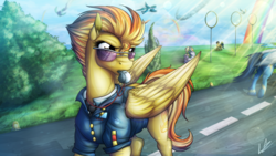Size: 3840x2160 | Tagged: safe, artist:lupiarts, derpy hooves, soarin', spitfire, pegasus, pony, g4, wonderbolts academy, clothes, crepuscular rays, drill sergeant, female, flying, high res, looking back, mare, rainbow, silhouette, sunglasses, uniform, whistle, whistle necklace, wonderbolts dress uniform, wonderbolts uniform
