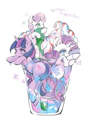 Size: 1500x1999 | Tagged: safe, artist:wan, rarity, sweetie belle, twilight sparkle, pony, unicorn, g4, cup, cup of pony, glass, micro, simple background, starbucks, tongue out, trio, unicorn frappuccino, white background