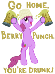 Size: 2400x3200 | Tagged: safe, artist:starkcontrast, berry punch, berryshine, earth pony, pony, g4, alcohol, bipedal, cider, cider mug, cutie mark, drunk, female, floppy ears, go home you're drunk, hat, high res, hooves, lampshade, lampshade hat, mare, mug, open mouth, redbubble, simple background, solo, tankard, text, that pony sure does love alcohol, transparent background