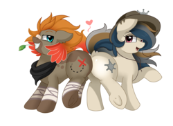 Size: 3509x2550 | Tagged: safe, artist:pridark, oc, oc only, oc:bounty hoof, oc:cougar fangs, earth pony, pony, bandage, bandana, butt bump, butt to butt, butt touch, commission, duo, female, hat, heart, high res, mare, simple background, smiling, transparent background, underhoof