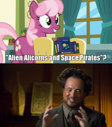 Size: 720x813 | Tagged: safe, screencap, cheerilee, pony, a flurry of emotions, g4, alien alicorns versus space pirates, ancient aliens, book, giorgio a. tsoukalos, history channel, image macro, meme