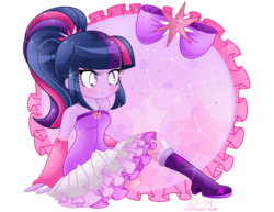 Size: 1280x989 | Tagged: safe, artist:pinkprincessblossom, sci-twi, twilight sparkle, equestria girls, g4, alternate universe, boot, boots, bow, clothes, cute, dress, female, jewelry, moe, necklace, ponytail, sitting, skirt, smiling, solo, sparkles, twiabetes